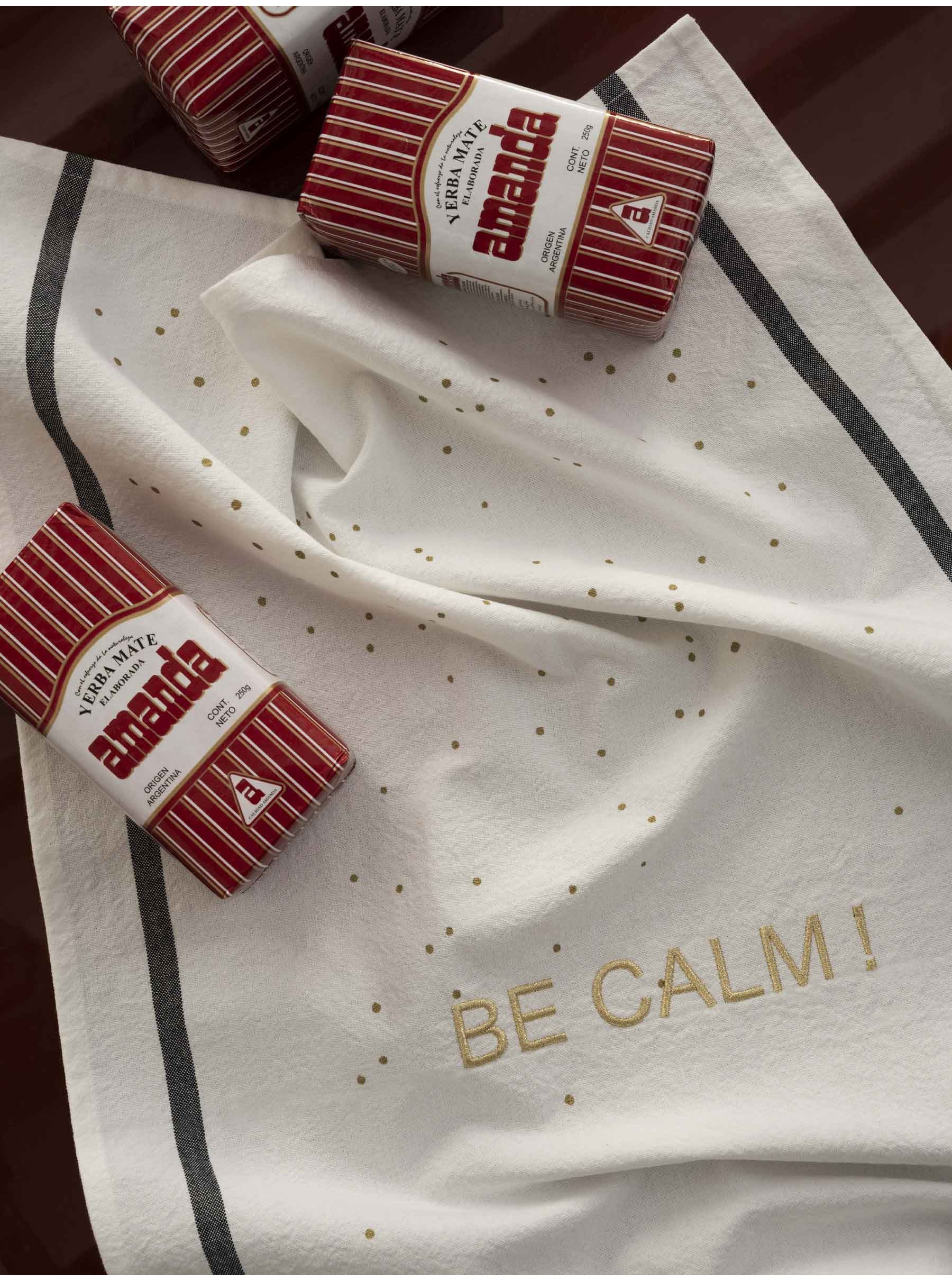 Tea towel Be calm cotton white embroidered